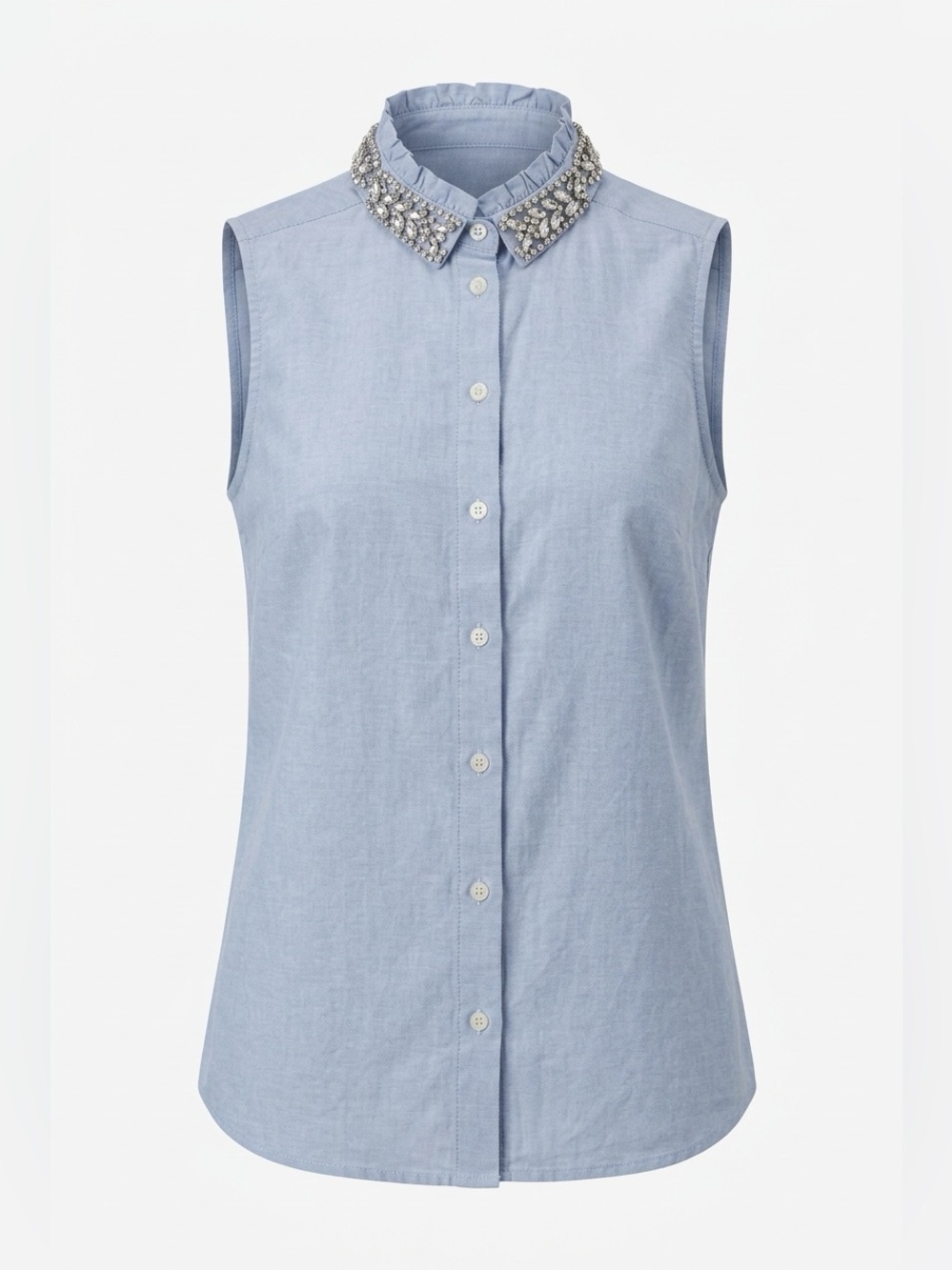 J. Crew Light Blue Cotton Ruffle Collar Jacket with Crystal Embellishment